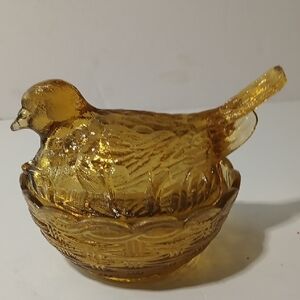 Vintage Honey Amber Glass Bird On Nest- Portieux Vallerysthal France